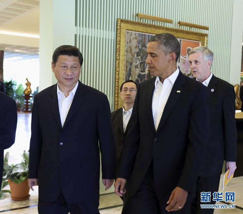 6月7日,中国国家主席习近平在美国加利福尼亚州安纳伯格庄园同美国总统奥巴马举行中美元首会晤。 新华社记者兰红光摄