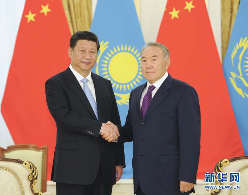 9月7日,国家主席习近平在阿斯塔纳同哈萨克斯坦总统纳扎尔巴耶夫举行会谈。 新华社记者 谢环驰 摄
