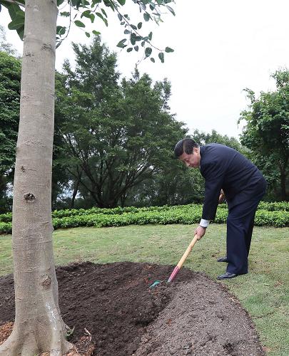 2012年12月7日至11日,习近平在广东省考察工作。这是8日上午,习近平在深圳莲花山公园种下一棵高山榕树。新华社记者 兰红光 摄