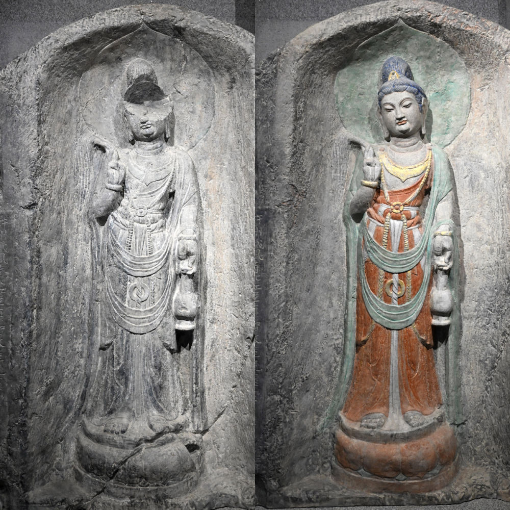 左圖為龍門石窟萬佛洞窟前南壁菩薩造像的3D打印模型﹔右圖為利用數字化技術復原后的3D打印模型(2025年4月10日攝,拼版照片)。復原后的像龕精妙絕倫,栩栩如生,被游客譽為“龍門最美菩薩”。圖片來源新華社